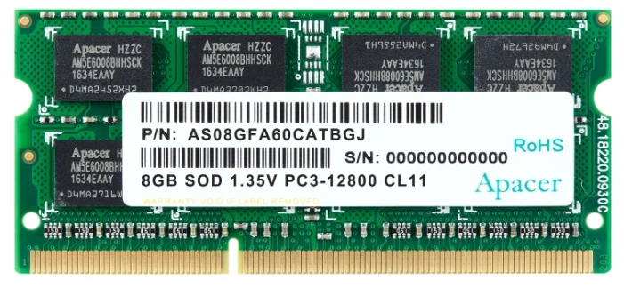 Apacer  DDR3   8GB  1600MHz SO-DIMM (PC3-12800) CL11 1.5V(Retail) 512*8  3 years (AS08GFA60CATBGC/DS.08G2K.KAM)